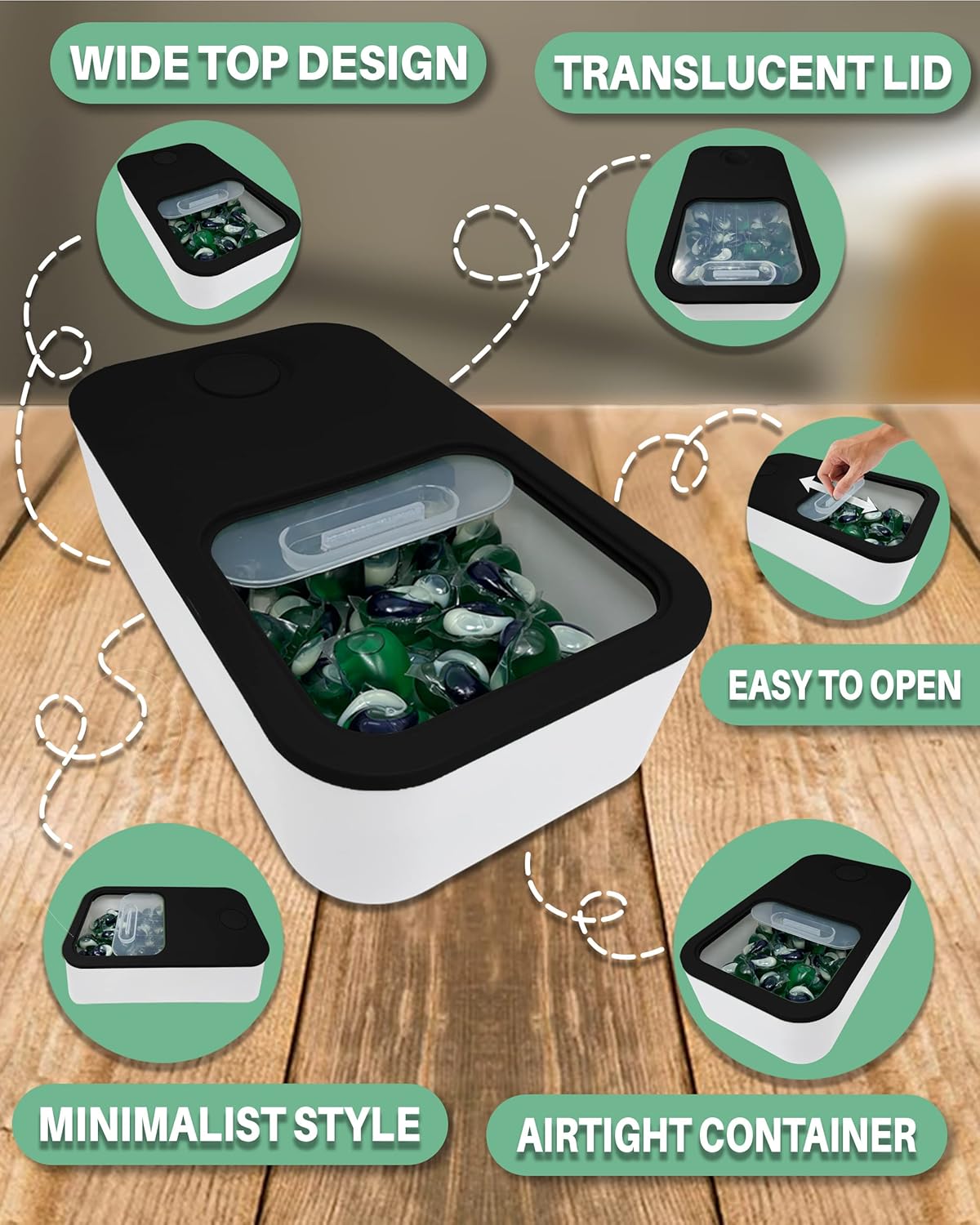 TidyFriend Laundry Pods Container with Slide Lid, 15" x 8.7" x 4.5", Airtight Storage Keeps Pods Fresh, Holds 9–10 lbs or 100–130 Pods, Laundry Detergent Container & Dishwasher Pod Holder (Black)