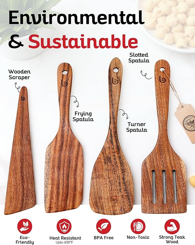 4-Piece Teak Wood Spurtle Utensil Set – Premium Natural Wooden Cooking Tools for Nonstick Cookware, Stirring & Serving – Durable, Non-Toxic Kitchen Spatulas