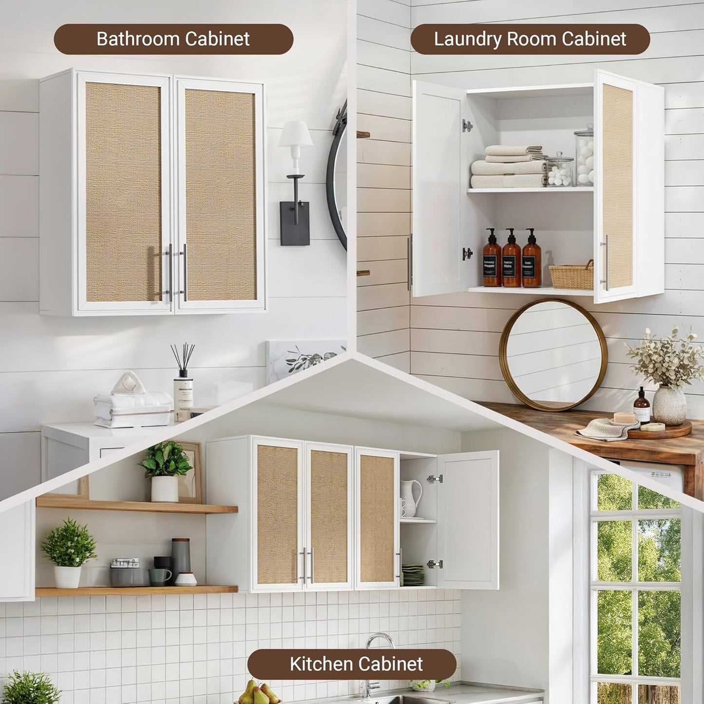 Rattan Wall Storage Cabinets - 60" Wide Large Laundry Room Wall Amount Cabinets with Adjustable Shelf for Kitchen,Bathroom