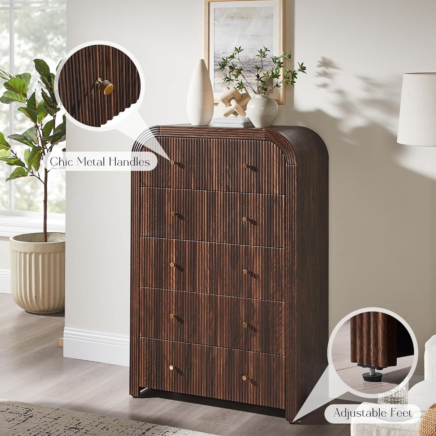 T4TREAM Fluted 5 Drawers Dresser, 48" Tall Modern Chest of Drawers with Thickened Curved Profile Design, Wood Closet Clothes Storage Organizer for Bedroom, Living Room, Hallway, Dark Walnut