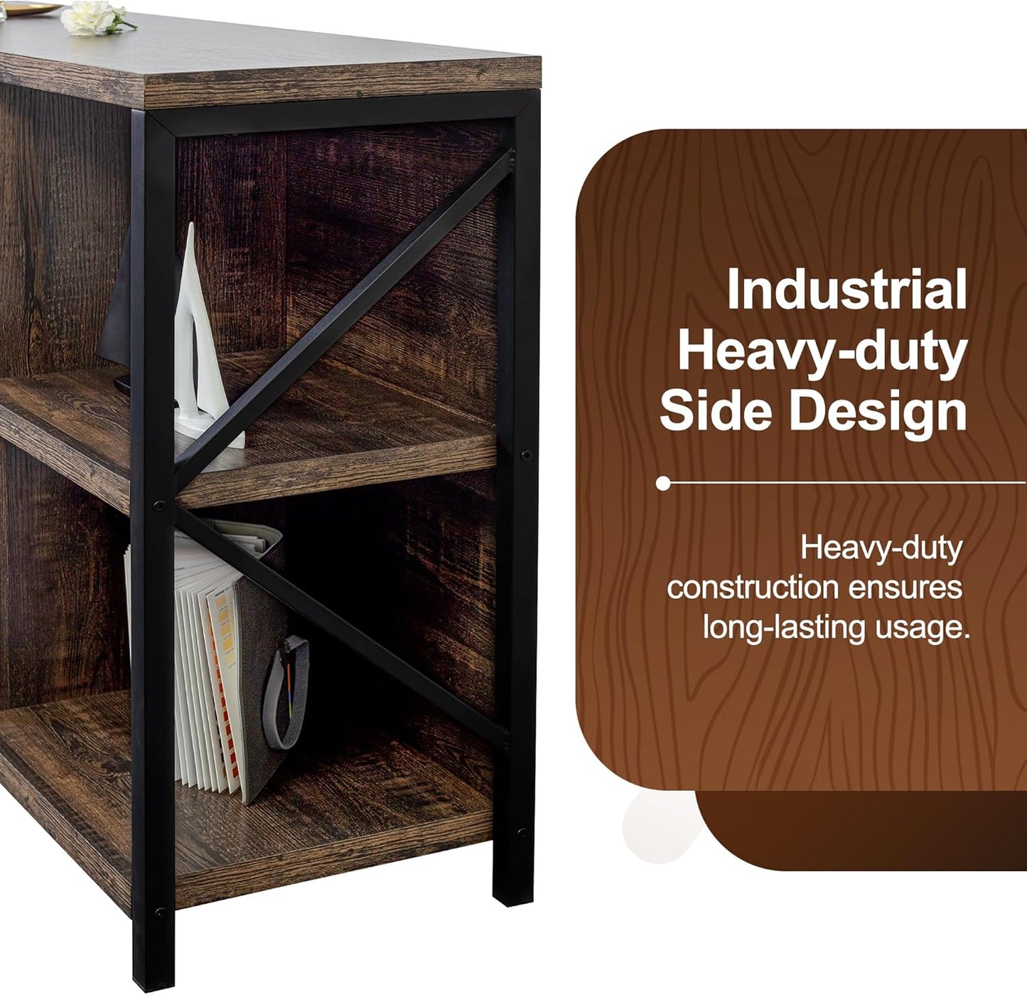 8 Cube Storage Organizer Bookshelf, Industrial Horizontal Bookcase, Accent Cubby Shelf, Media Console Table for Living Room, Home Office, 63 Inches, Dark Grey Oak