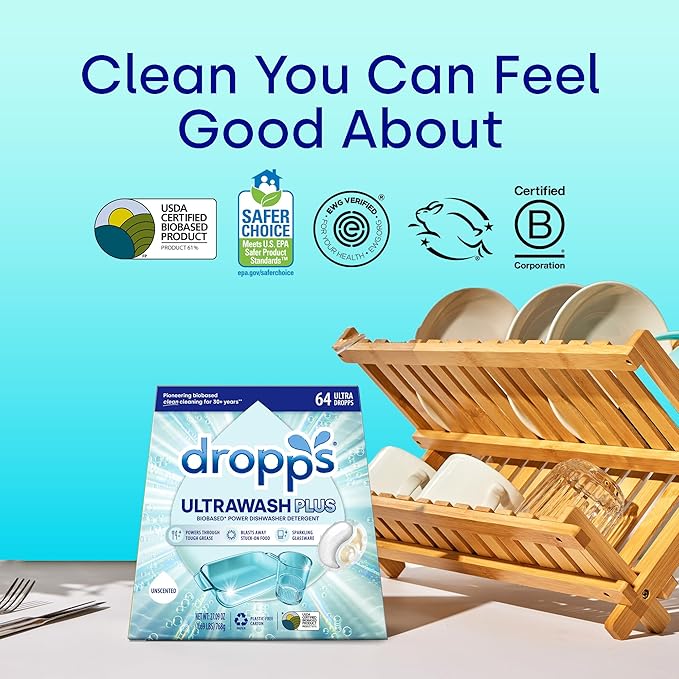 Dropps UltraWash Plus Dishwasher Detergent, Unscented (64 Pods) - Triple Action Biobased Power Deep Clean Dishwasher Detergent Tablets for Tough Stains - Dishwashing Pods for Shiny Dishes