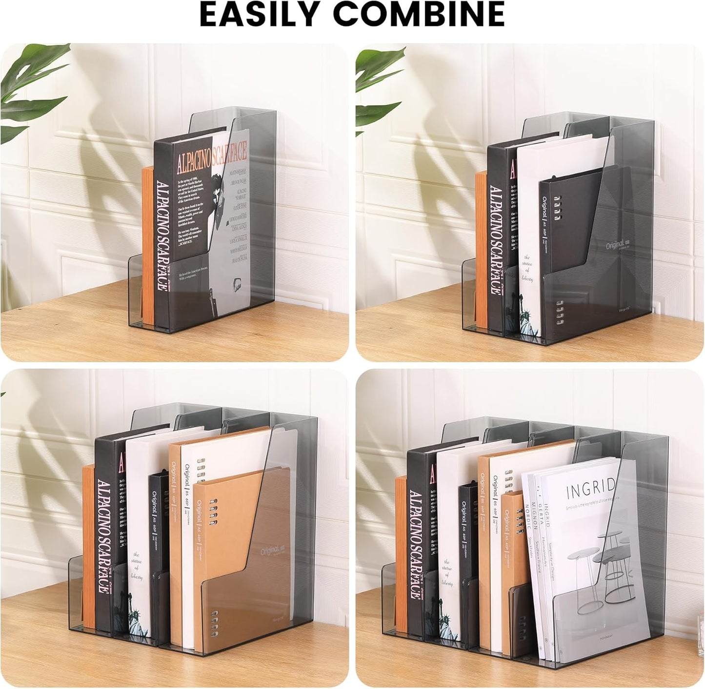 Vertical File Holder, PET Desk Organizer and Storage Bins Holding for Magazines, Binders, Notebooks, Envelopes, Papers, Multi-purpose Plastic Document Organizer for Home Office, Black, 4 Pack