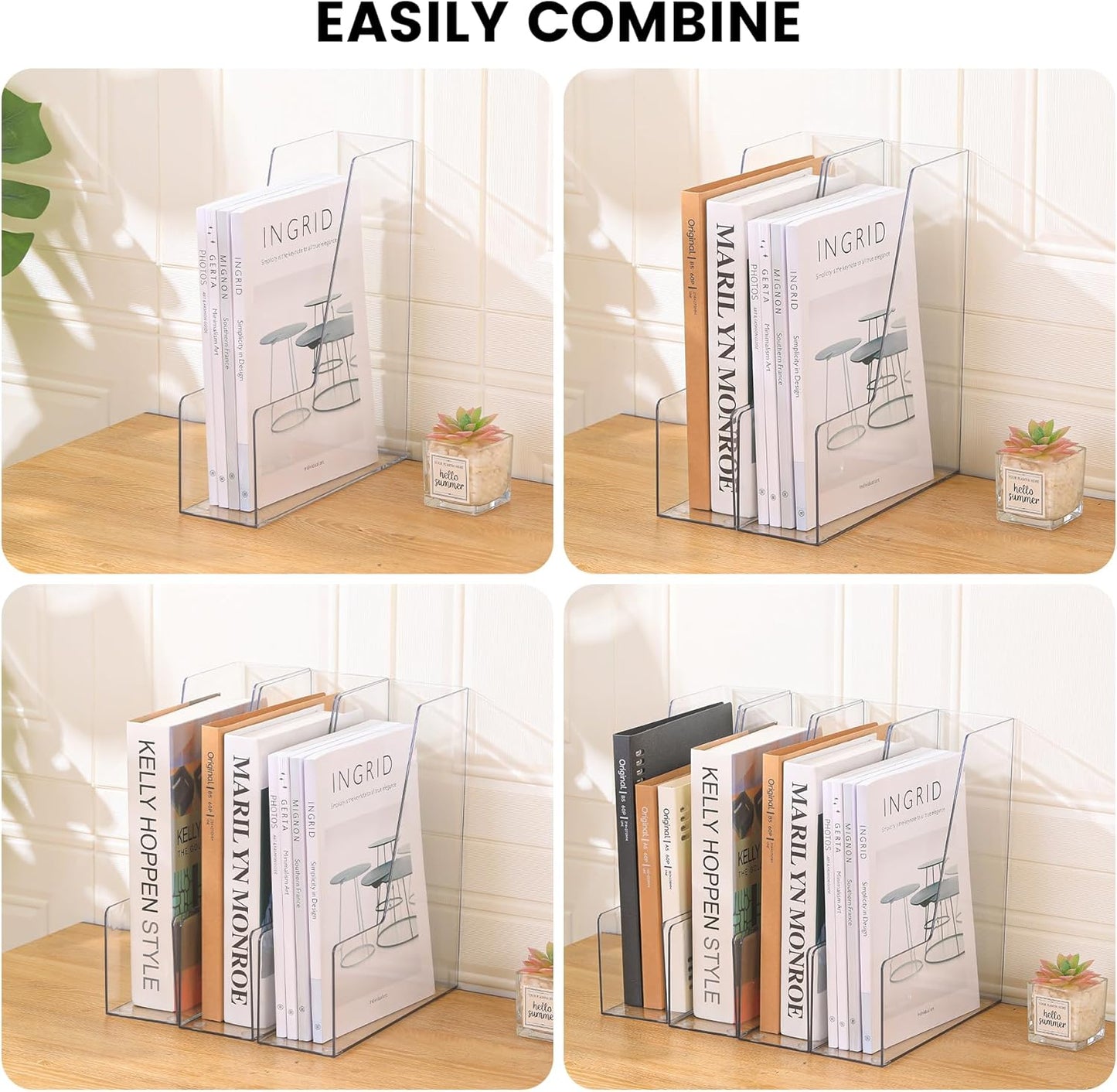 Vertical File Holder, Clear PET Desk Organizer and Storage Bins Holding for Magazines, Binders, Notebooks, Envelopes, Multi-purpose Plastic Document Organizer for Home Office, 4 pack