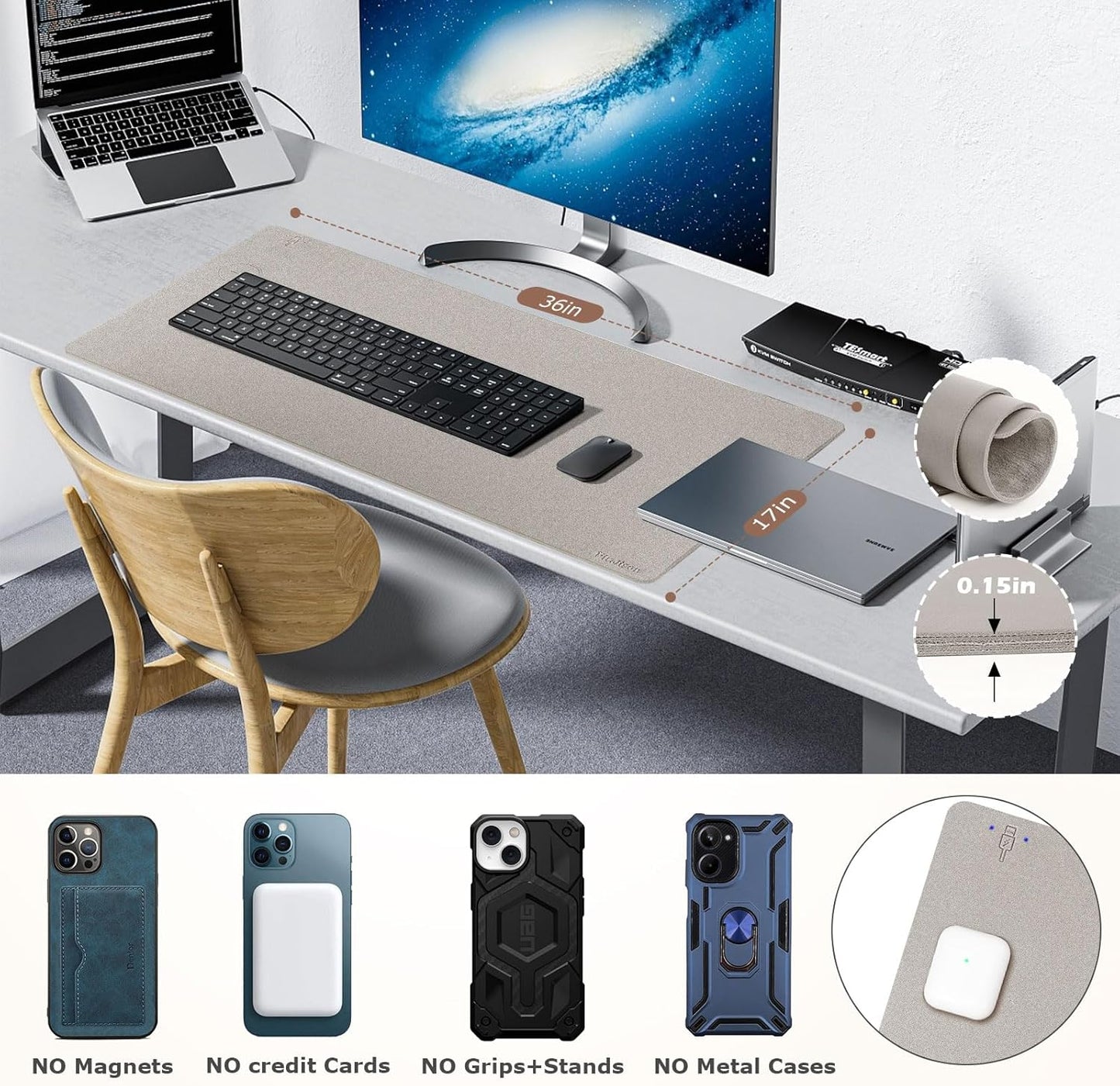 Wireless Charging Mouse Pad Firelison 2 in 1 Leather Multifunctional Office Desk Pad with Non-Slip Rubber Base, Waterproof Desk pad for Computers/Office/Work/Home/Decor( 36" x 17"Grey - L)