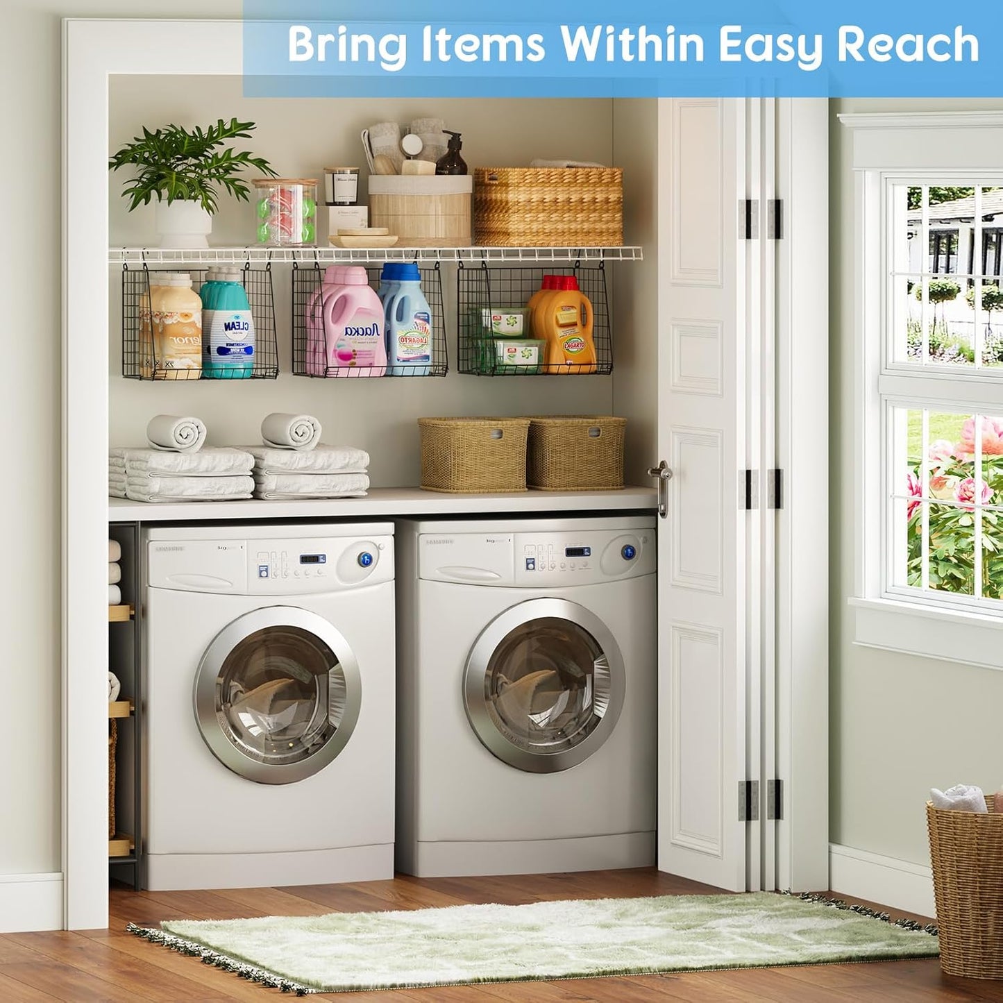 3-Pack Extra-Tall 13.6'' Hanging Laundry Basket Organizer, Foldable Wire Shelf with 360° Rotating Hooks & Reinforced Height - Durable Space-Saving Laundry Room & Closet Organizer, White Patent