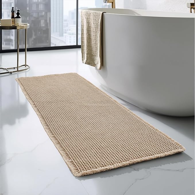 KGORGE Waffle Bath Mat, Ultra Soft 60" X 24" Long Bathroom Rug with Tassels, Non Slip Farmhouse Floor Cover Super Absorbent Quick Dry Large Rugs for Bathroom Shower Tub Toilet Kitchen, Brown, 1pc