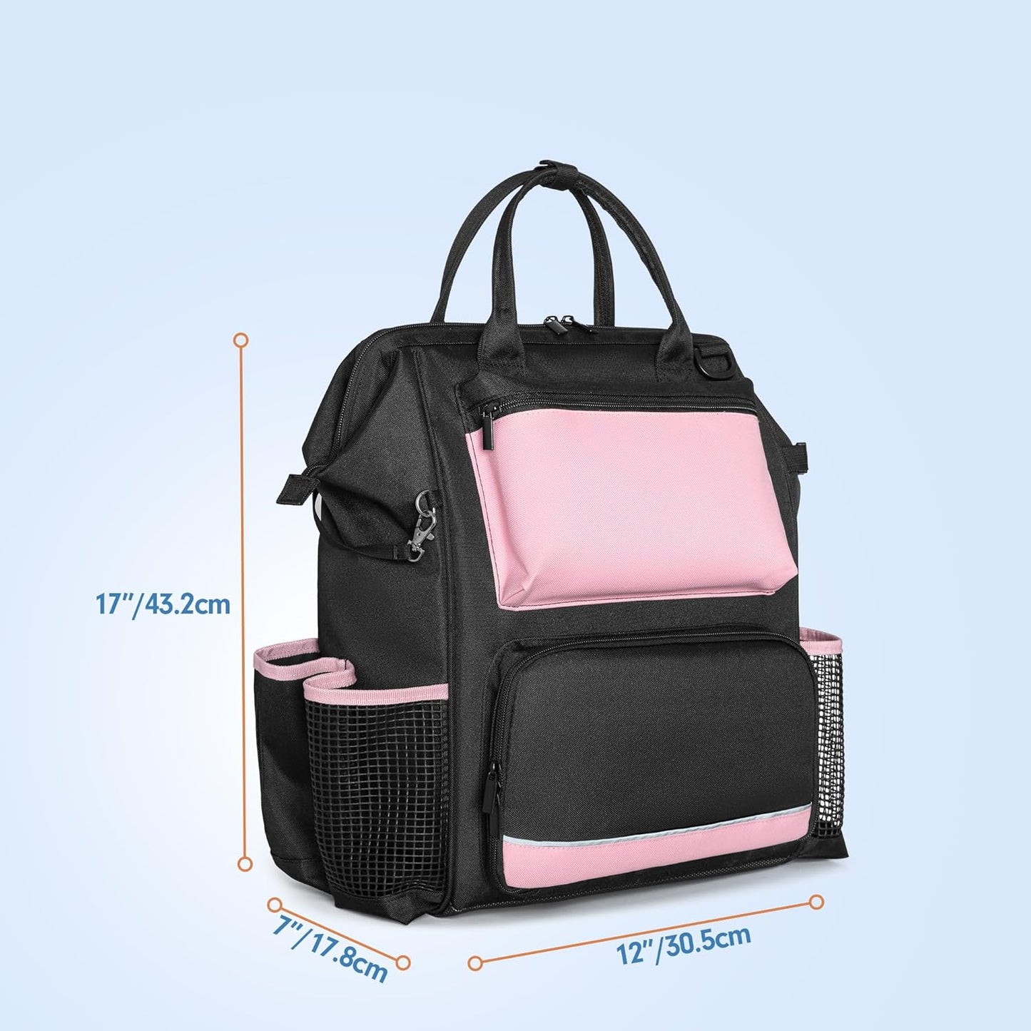 LoDrid Heavy Duty Cleaning Supplies Bag with Steel Frame Top, Large Cleaning Caddy with Adjustable Shoulder Straps and Multiple Pockets for Housekeeping Work, Pink, Bag Only, Patent Designed