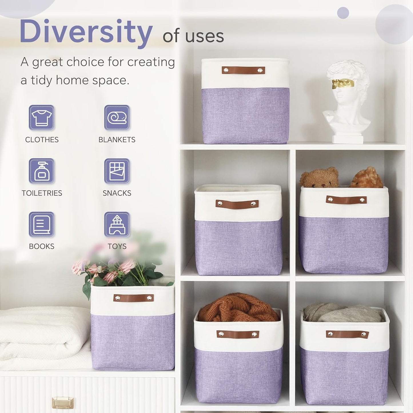 Cube Storage Baskets 6 Pack, 11x11 inch Foldable Cube Storage Bins with Leather Handles for Shelf Closet Nursery Toys (White/ Purple)