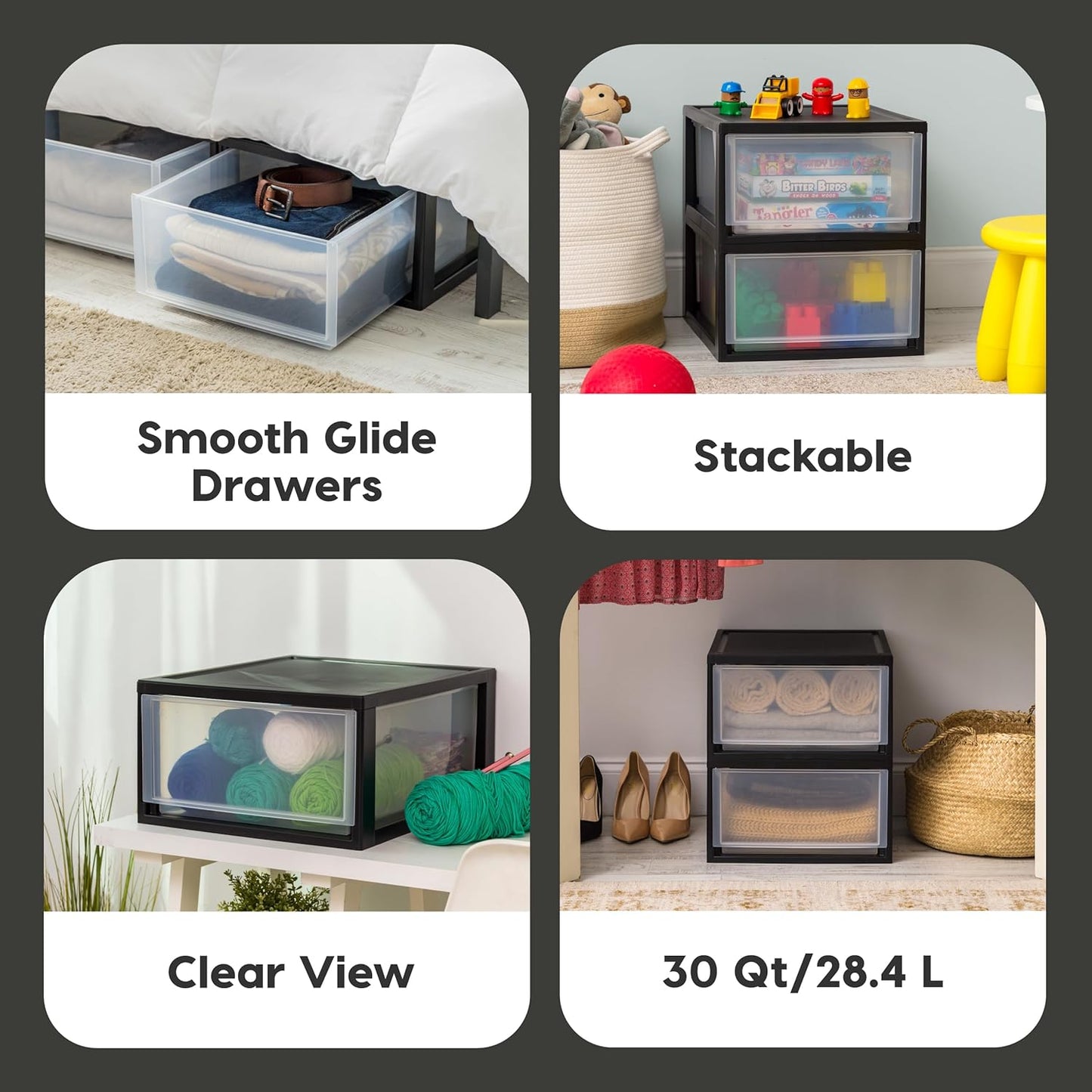 IRIS USA 30 Qt. Plastic Drawer Storage Organizer Stacking Drawers, 2-Pack, Stackable Unit with Sliding Drawer for Clothes Bedroom Kitchen Under Sink Pantry Craft Room Bathroom Dorm Office, Black