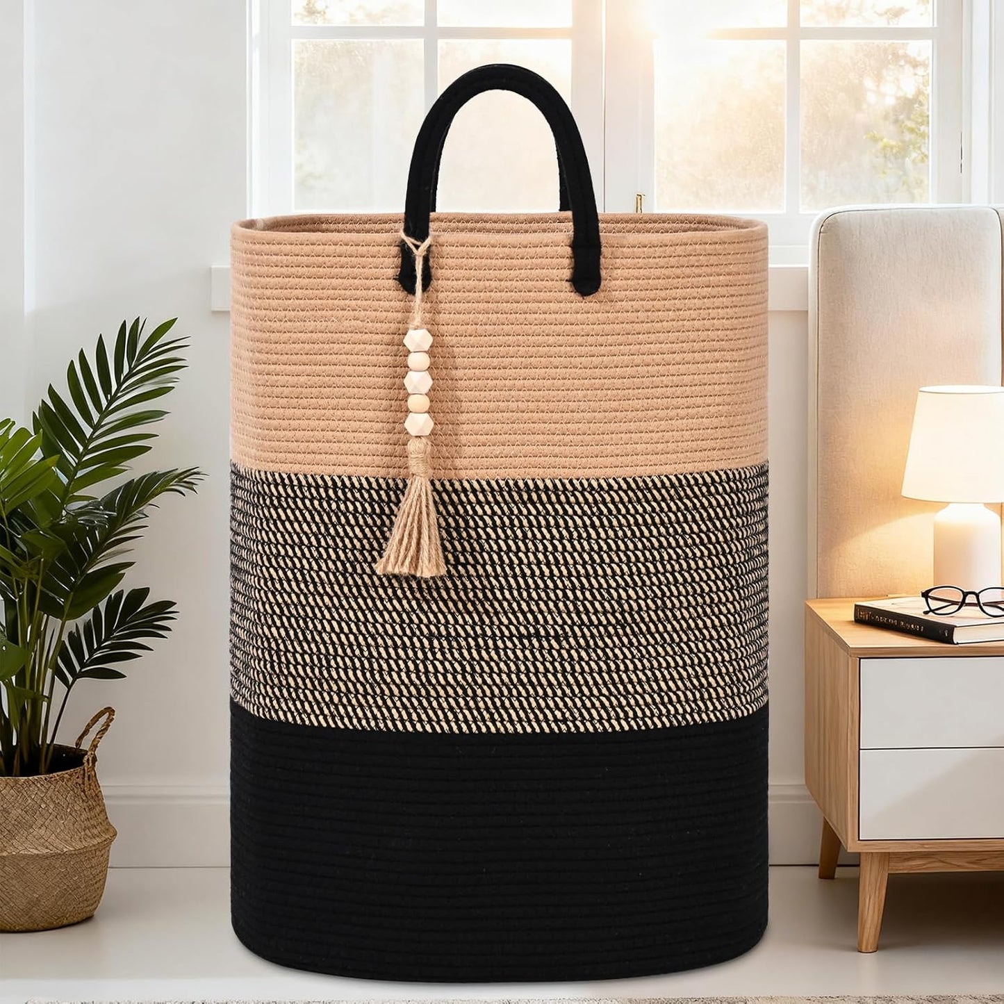 Woven Laundry Basket for Clothes, 65L Large Rectangle Laundry Hampers with Beads Tassel, Nursery Storage Basket for Toys, Tall Dirty Clothes Hamper for Bedroom Aesthetic, Laundry Room Organization