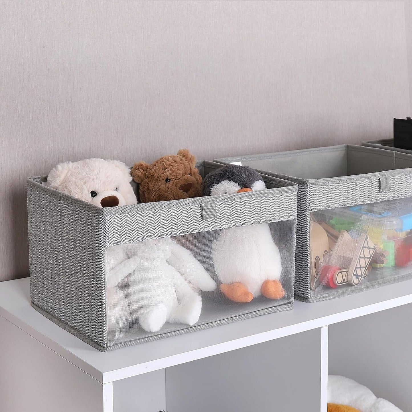 WUIKE Closet Storage Bins, Large Fabric Storage Baskets with Clear Window, Foldable Organizer for Clothes, Shelves, Herringbone Gray, 3 Pack