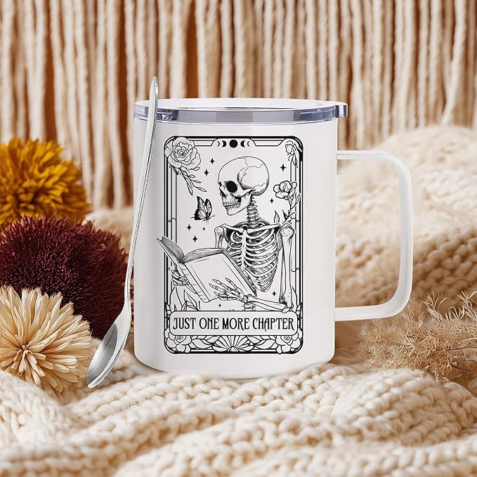 Hyturtle Book Gifts for Book Lovers, 12oz Insulated Stainless Steel Mug With Lid & Spoon, Funny Skeleton Birthday Christmas Gifts For Readers, One More Chapter, Reading Coffee Cup Present Keepsake