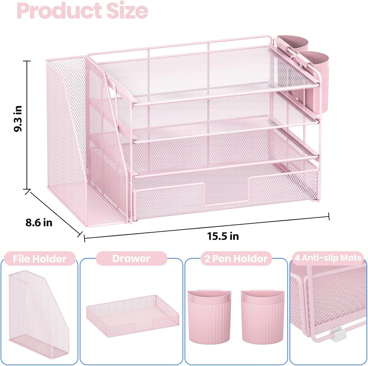 Desk Organizer and Accessories, 4-Tier Desktop File Organizer with Drawer and 2 Pen Holders, Office Desk Accessories, File Sorters, Workspace Organizers for Office Supplies(Pink)