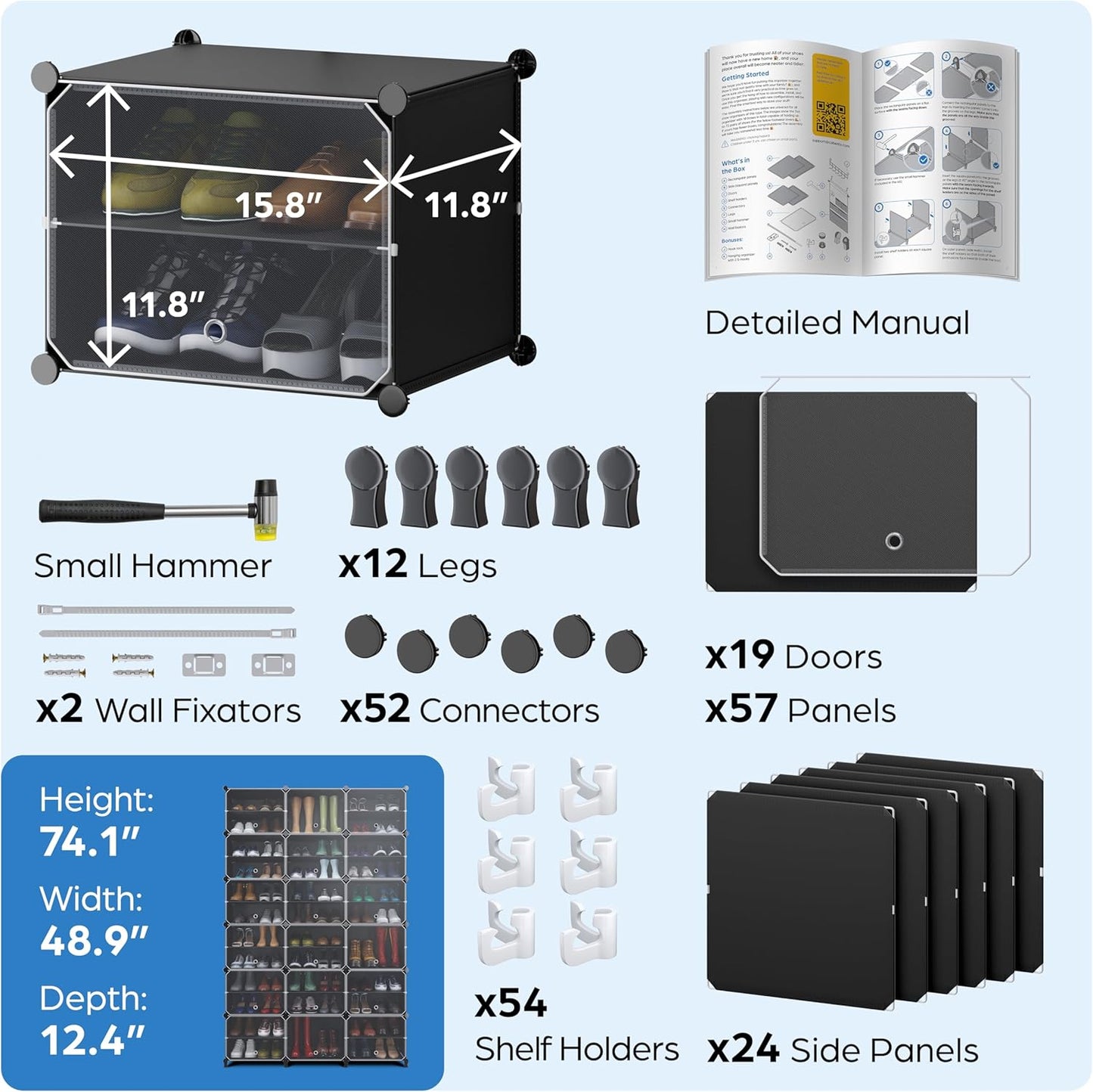 Shoe Organizer Cabinet Up to 72 Pairs, Shoe Closet-Covered Shoe Rack with See-Through Door (Clear, Plastic, Stackable) Cubby Portable Shoe Organizer with Covers, Hooks & Pockets, Black