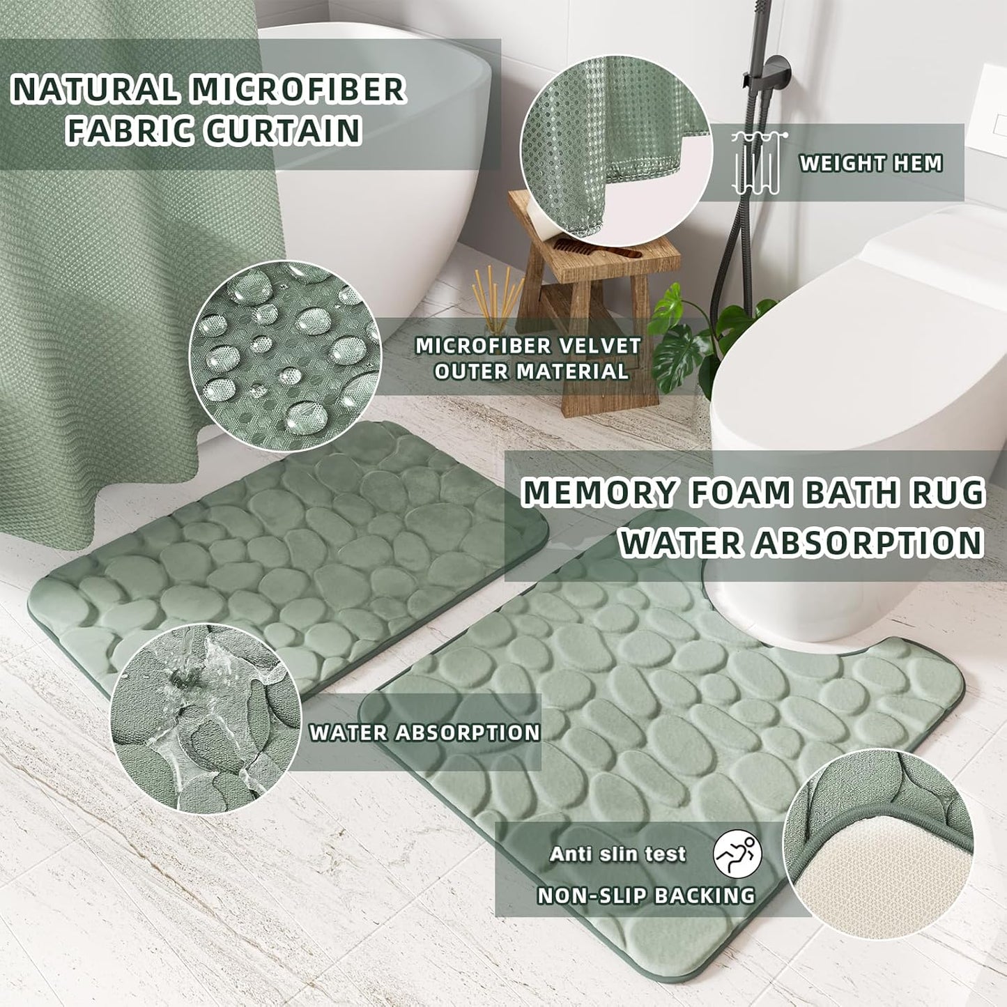 26PC Bathroom Accessories Set - Gorgeous Sage Green Bathroom Set, Bathroom Accessory Set, Shower Curtain Set with Bathtub Mats for Shower Tub, Trash Can & Soap Dispenser