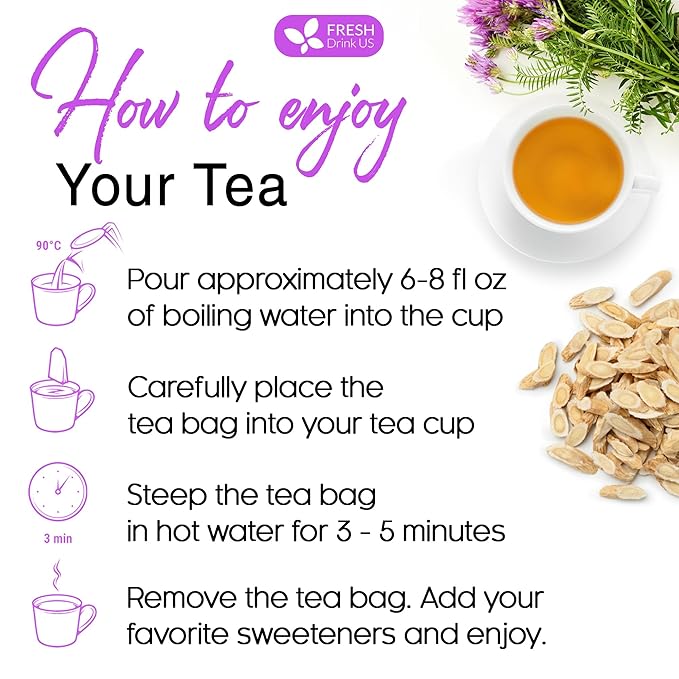 FreshDrinkUS, Premium 55 Astragalus Root Tea Bags, 100% Natural & Pure from Astragalus Root Herbal Tea. Made with Natural Material Tea Bags. No Sugar, No Caffeine, No Gluten, Vegan.