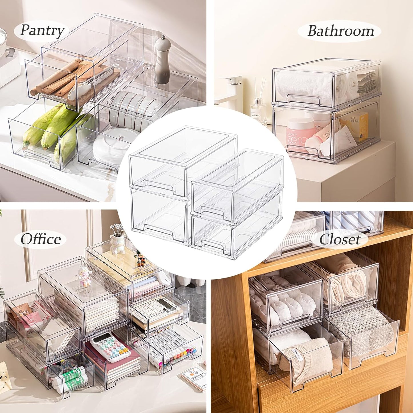 PeJeyiee 2 Pack Stackable Pull-Out Storage Drawers,Plastic Clear Organizer Bins with Handles,Easily Clean for Craft, and Toy Organization,Kitchen Undersink,Cabinet,Fridge,Closet,Pantry,Office,Bathroom