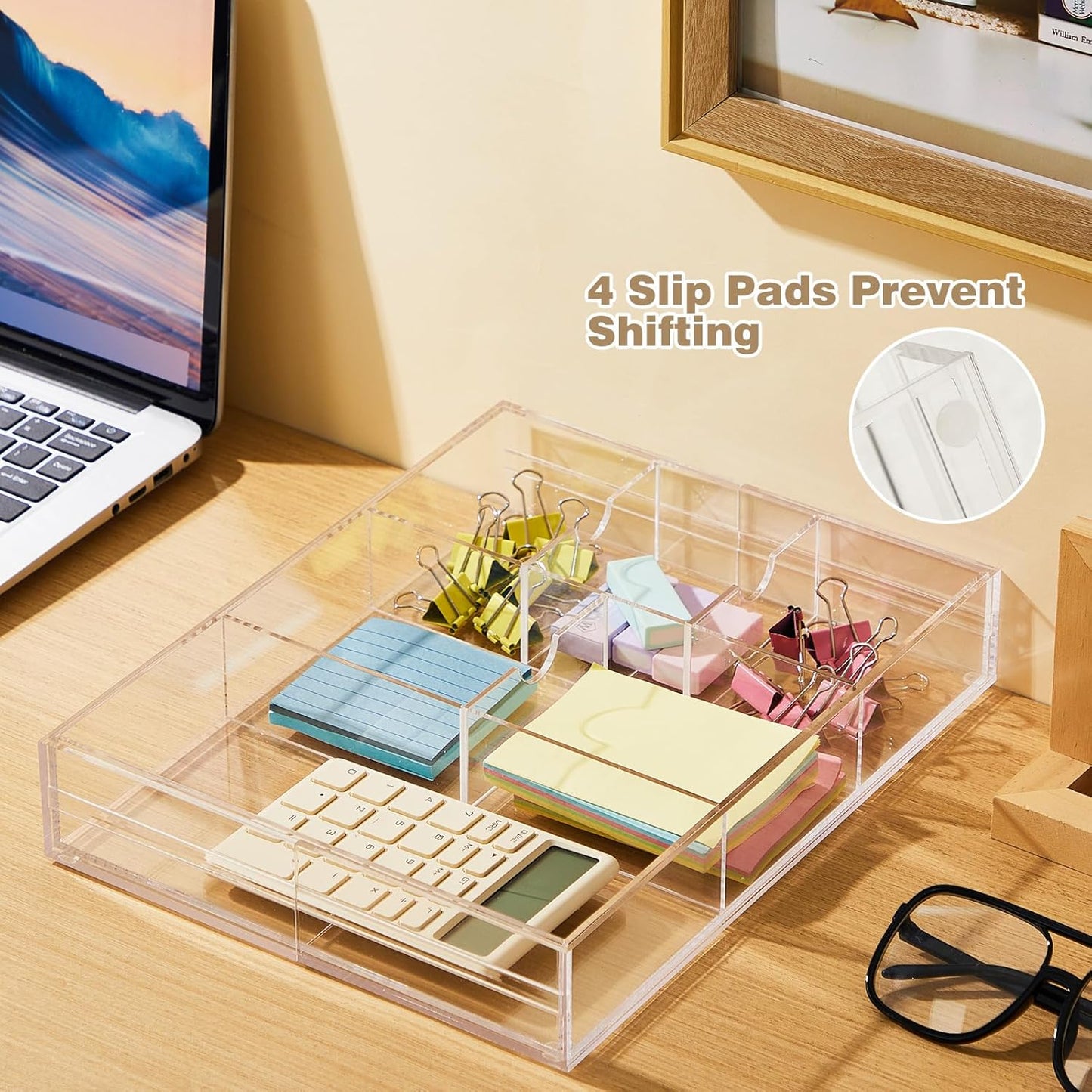 1 PC Acrylic Desk Drawer Organizer 2 Inch Height Expandable Drawer Organizer Trays with 8 Adjustable Compartments Desk Accessories for Makeup Silverware Office Bathroom(Clear,Classic)