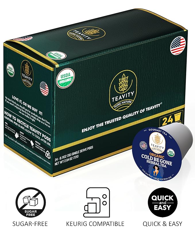 Organic Rooibos Tea Pods for Keurig with Lemon, Mint, Licorice - Unsweetened Decaf Tea for K Cup Brewing - Cold- Be-Gone by Teavity (24 Tea Pods)