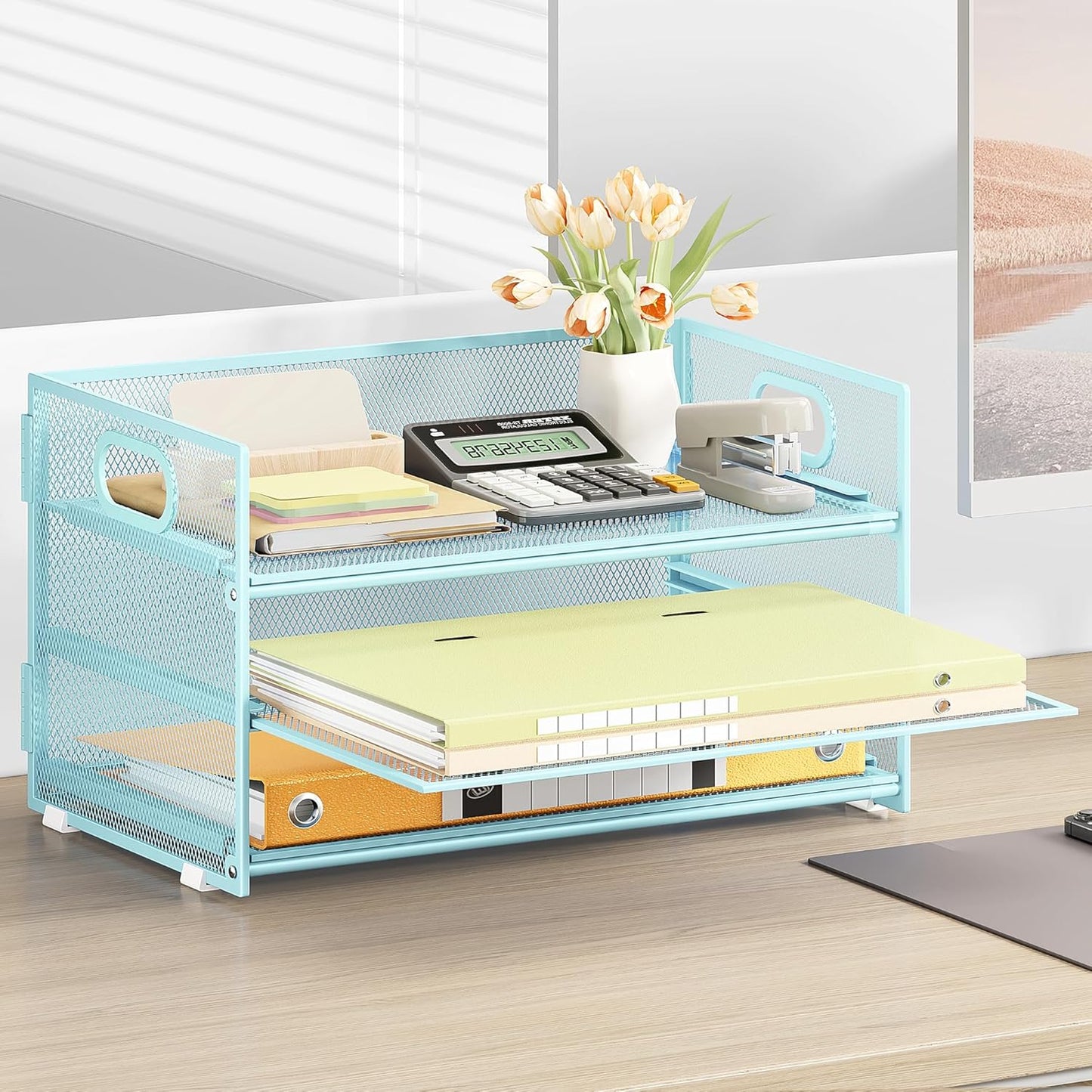 Subekyu 3 Tier Paper Desk Organizer with Handle and 1 PC Slideable Letter Tray, A4 Paper File Folder Sorter Metal Mesh Organizer for Home Office School Desk Supplies Organization Storage, Blue
