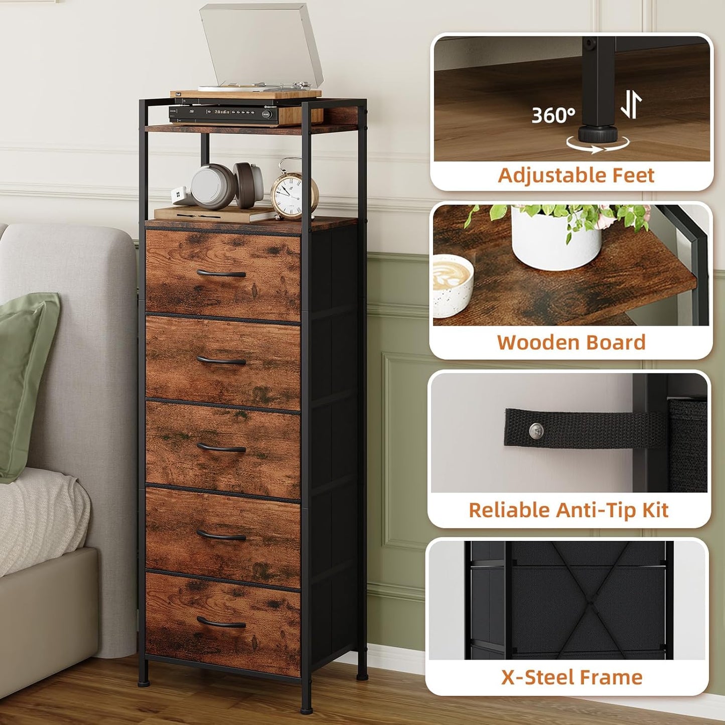 Somdot Tall Night Stand for Bedroom,Tall 5 Drawers Dresser, Vertical Storage Tower Unit, Nightstand Furniture with Fabric Drawer Organizer in Bedside Kids Room, Laundry Entryway, Wood Grain Print