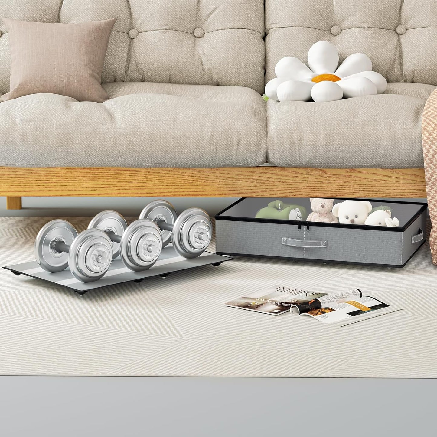 Under Bed Storage with Wheels, No Assemble Required 5.5 inches height grey under bed storage bins,Low Profile Rolling Under bed Shoe Storage containers,dorm under bed storage drawers