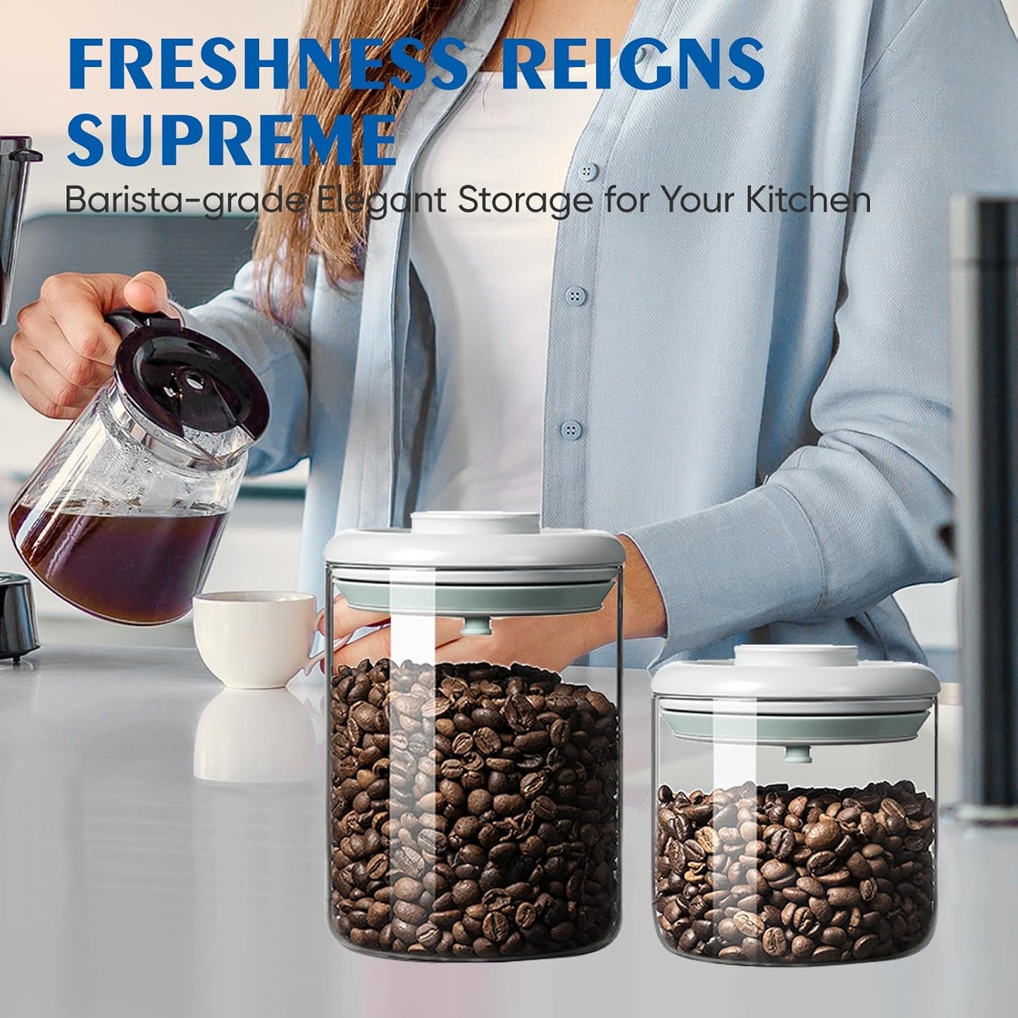 Coffee Container - Kitchen Food Storage Container with One-Way CO2 Valve, Press-on Lid Glass Coffee Canister with Scoop UV Protection for Grounds, Beans, 11 oz Grey