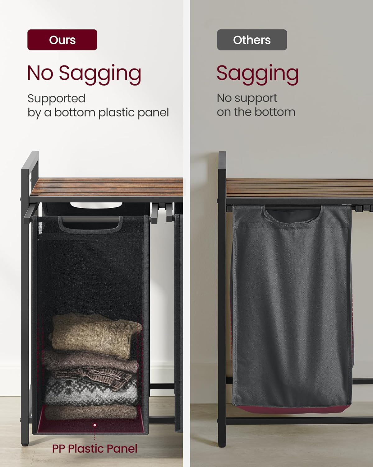 VASAGLE Laundry Hamper, Laundry Basket, Laundry Sorter with 2 Pull-Out and Removable Bags, Shelf, Metal Frame, 2 x 12.1 Gallons (46 L), 28.8 x 13 x 28.4 Inches, Slate Gray and Rustic Brown UBLH201G01