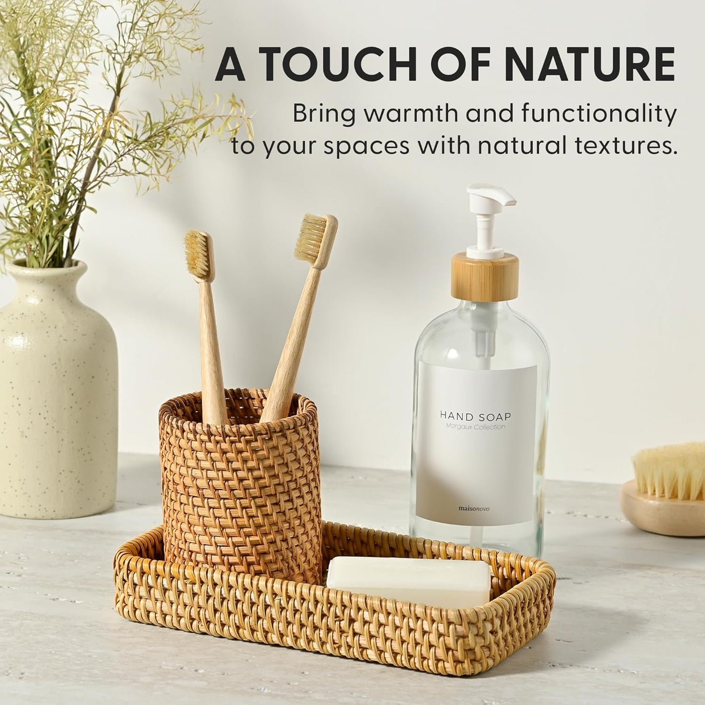 MaisoNovo Rattan Bathroom Set - Clear Countertop Dispenser, Toothbrush Holder & Toothpaste Cup with Tray - Set of 3 - Rattan Bathroom Vanity Trays Rectangle for Storage