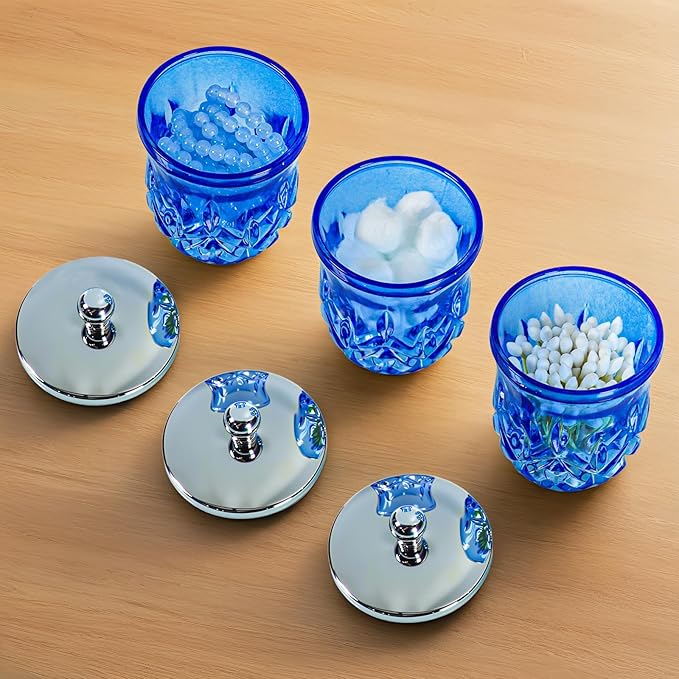 Qtip Holder,10Oz Blue Glass Apothecary Jars with Silver Lids for Bathroom Organization & Desk Storage,Thick Glass Apothecary Jars for Q-Tips,Cotton Rounds,Jewelry,Candy,Round