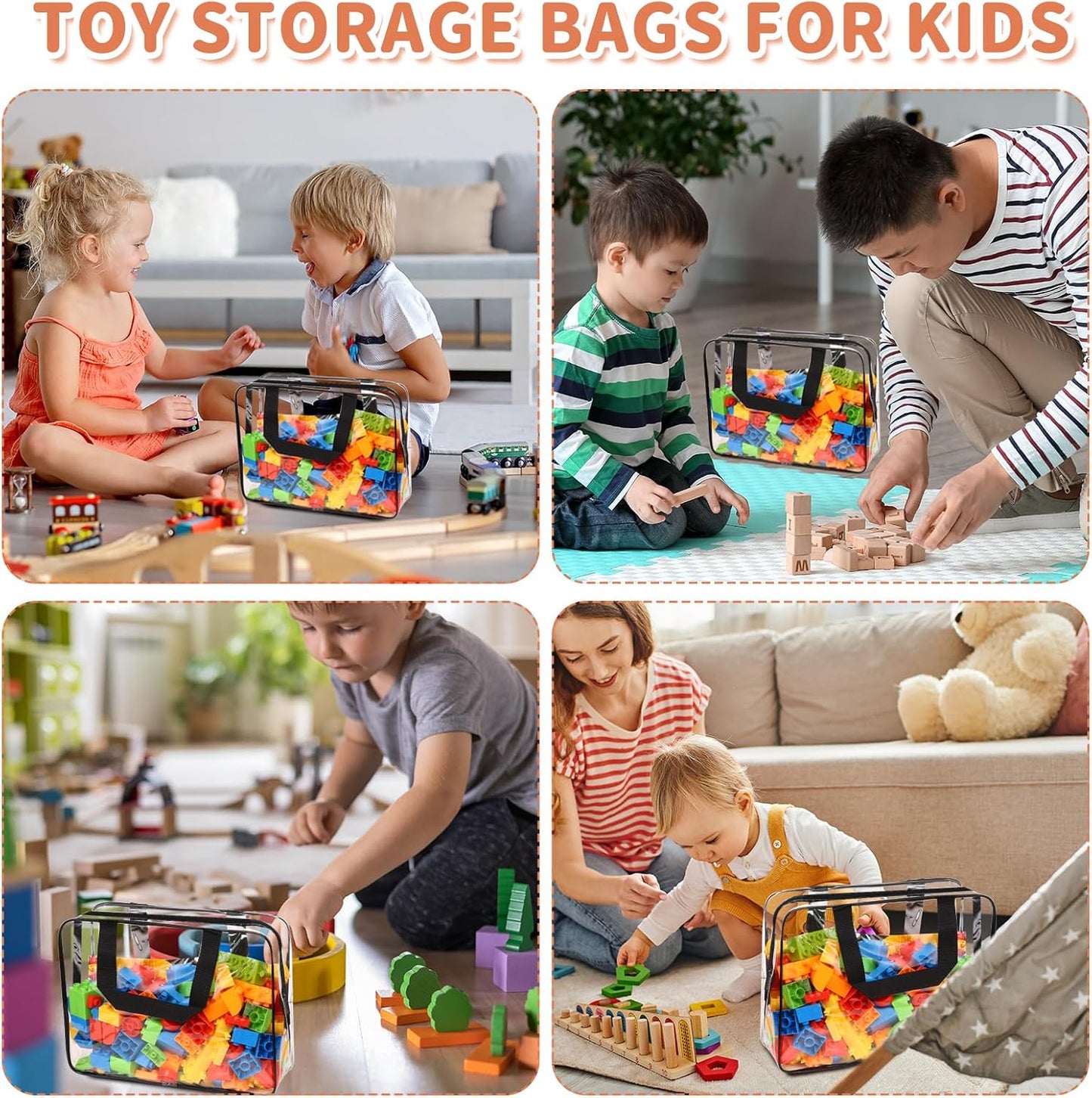 10 Packs Large Toy Storage Bags with Labels, Waterproof Clear PVC Storage Bags for Toys, Travel Organizer Bags with Zipper Closure for Puzzles, Building Blocks, Kids' Books