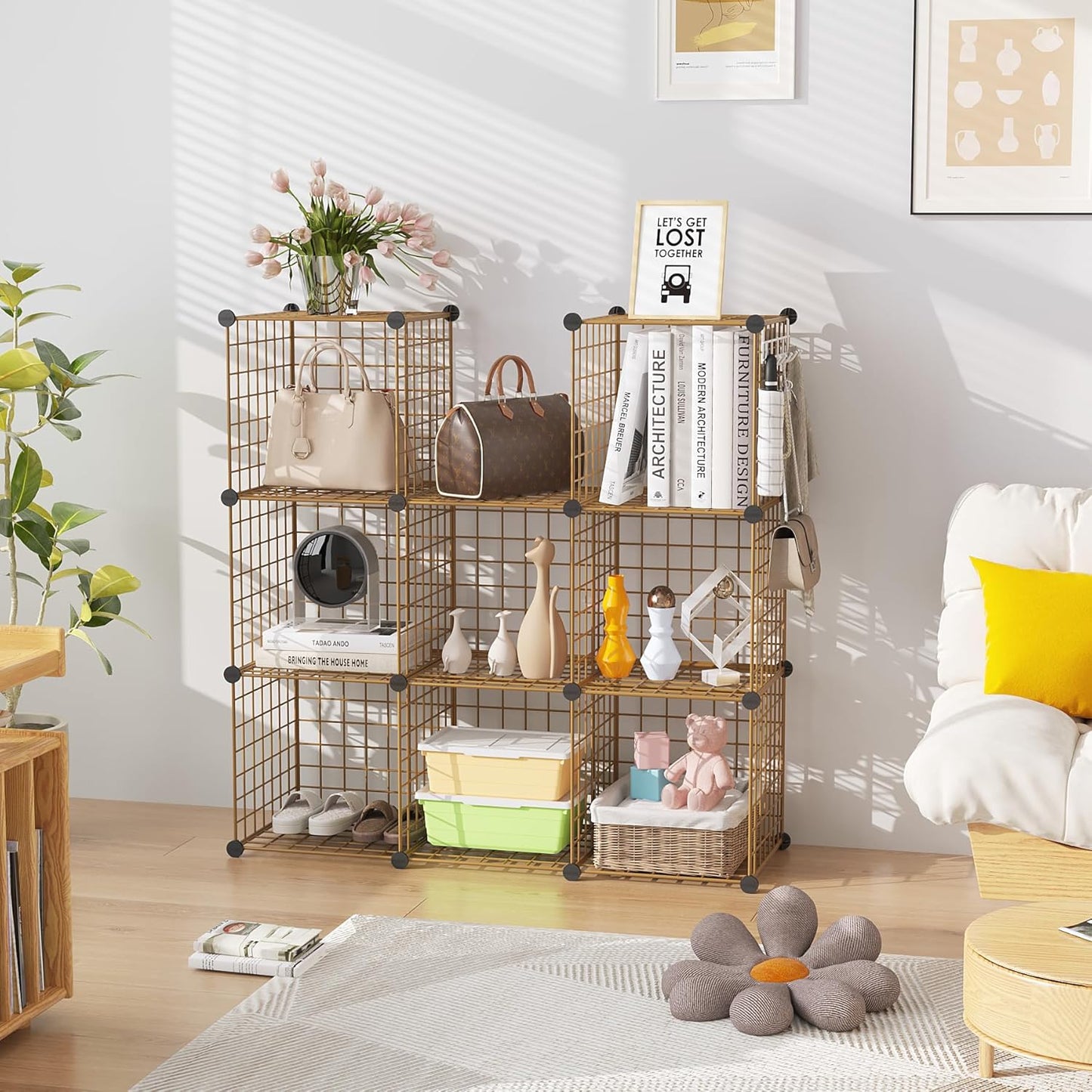 C&AHOME Wire Cube Storage, 8 - Cube Organizer Metal C Grids, Modular Shelves Units, Closet Organizer, Ideal for Home, Office, Living Room, 24.8" L x 12.4" W x 48.4" H, Brown UWCS3008R