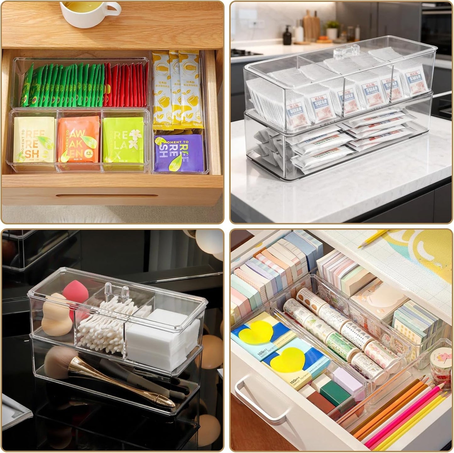 Sugar Packet Holder for Coffee Bar, Plastic Packet And Tea Bag Organizer, 1tier 3-Section And A Rectangular With Lid for Tea Bags Holder for Pantry, Cabinet, Countertop & Coffee Station