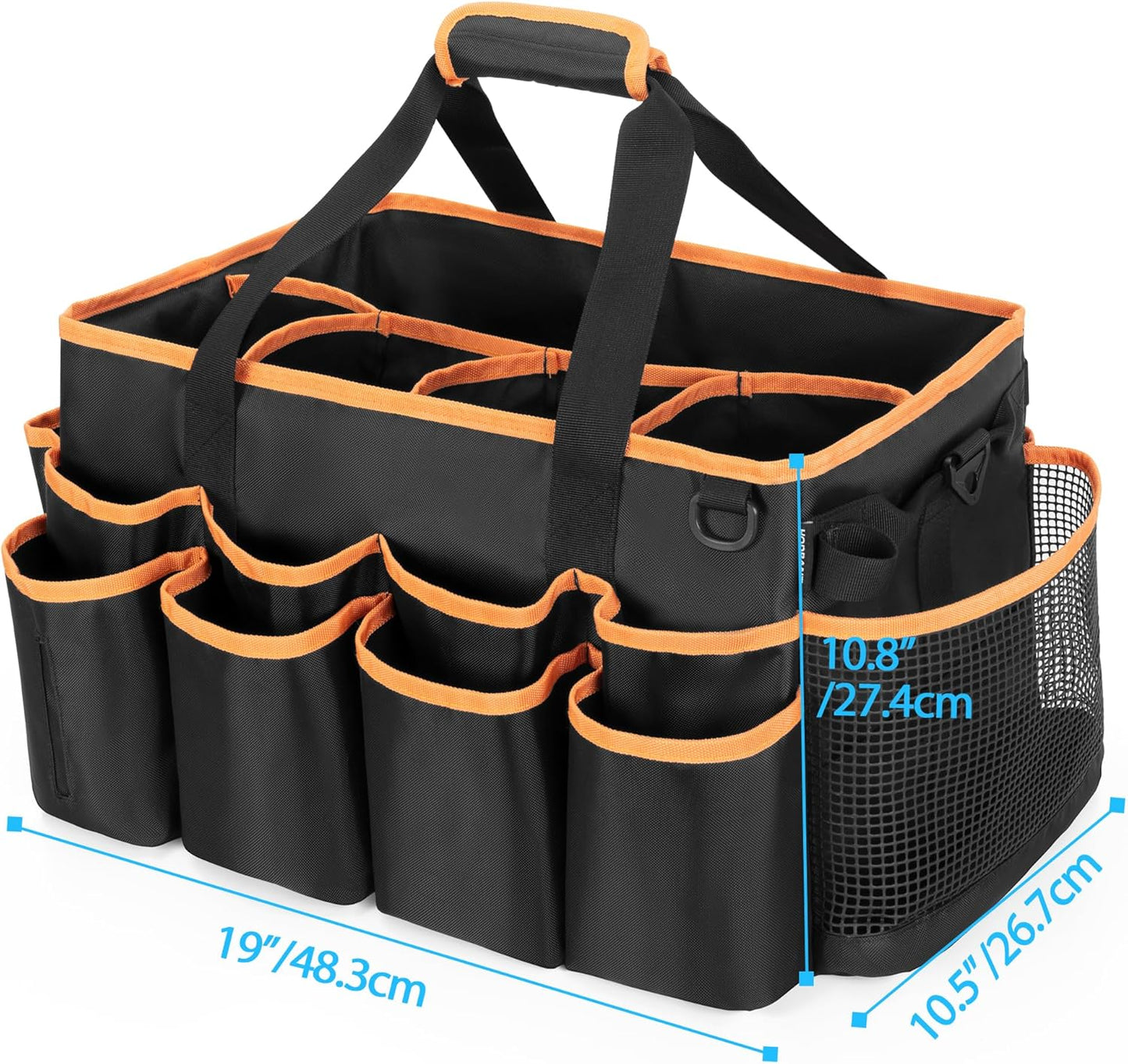 Extra-large Wearable Cleaning Caddy, Organizer Bag for Housekeeper with Pad, Handle & Divider, Car Wash Tools Bag for Detailing Supplies, Orange Edge