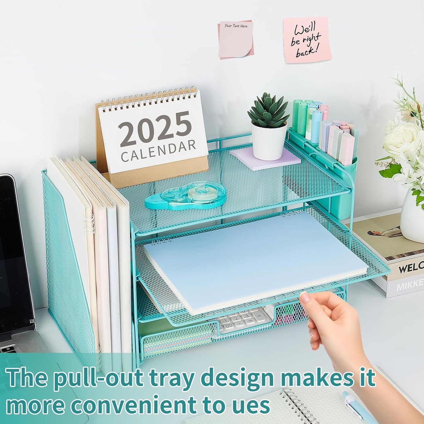 Desk Organizer and Accessories, 4-Tier Desktop File Organizer with Drawer and 2 Pen Holders, Office Desk Accessories, File Sorters, Workspace Organizers for Office Supplies(Teal Blue)