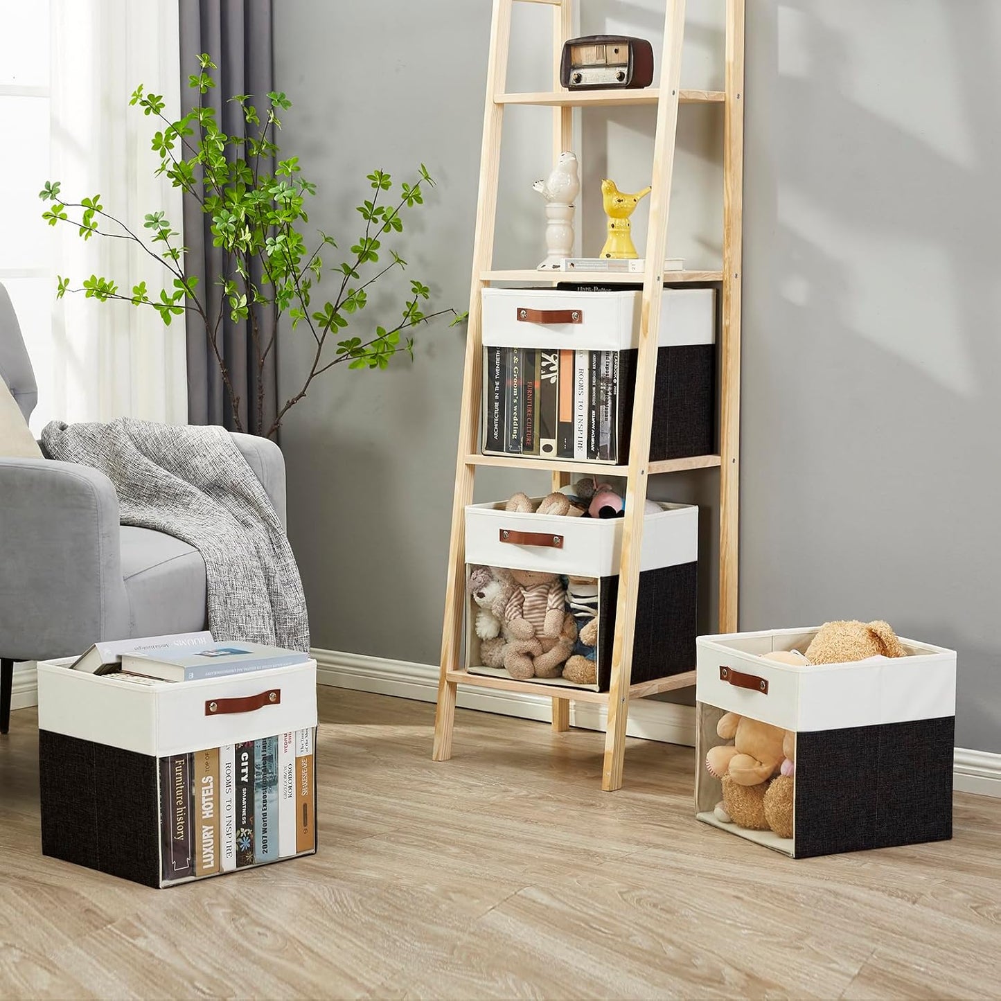 Storage Cubes, 4 Pack Linen Foldable Storage Bins (13 x 13 inch) with Clear Window and Handles, Fabric Organizer for Shelf Closet, Clothes, Books - (Black and White)