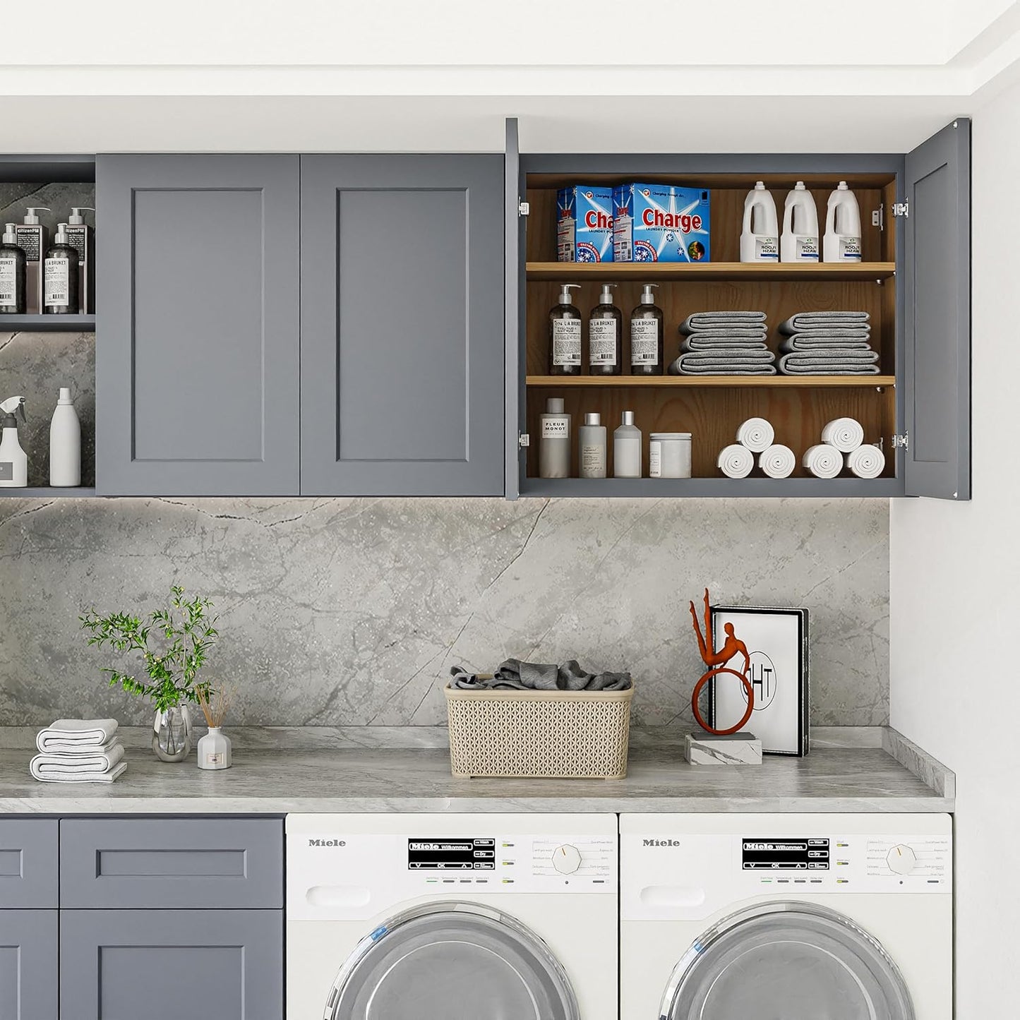 36 Inch Laundry Room Cabinets Wall Mounted, Solid Wood Over The Toilet Storage Cabinet, Bathroom Organizer Cabinets with 2 Door & Shelves, Easy to Assemble for Kitchen, Garage - Dark Gray