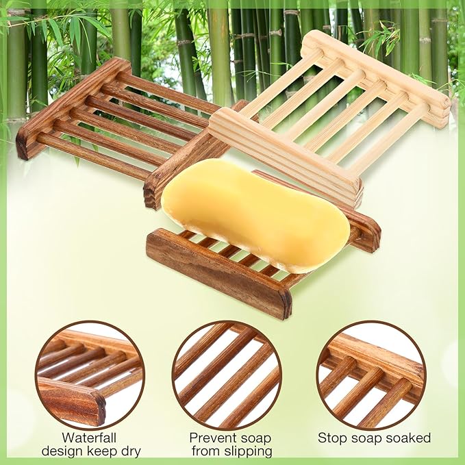 Amyhill 100 Pcs Bamboo Wood Soap Dish Bulk Bathroom Wooden Soap Holder Savers Self Draining Dishes Handcraft Tray, 3.3 x 3.3 x 0.67 Inch (Wood Color,Charcoal Color)