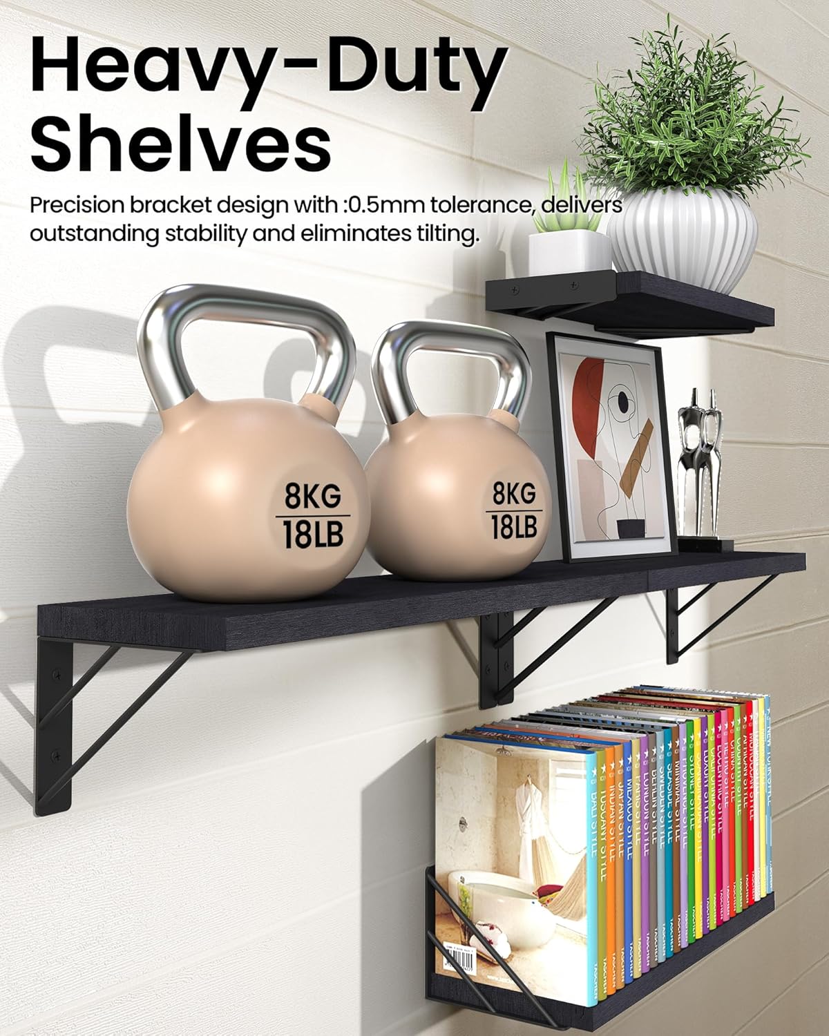 BAYKA Wall Mounted Floating Shelves, Wood Floating Wall Shelf for Books & Decor, Small Space-Saving Display & Organizer(Black,Set of 4)