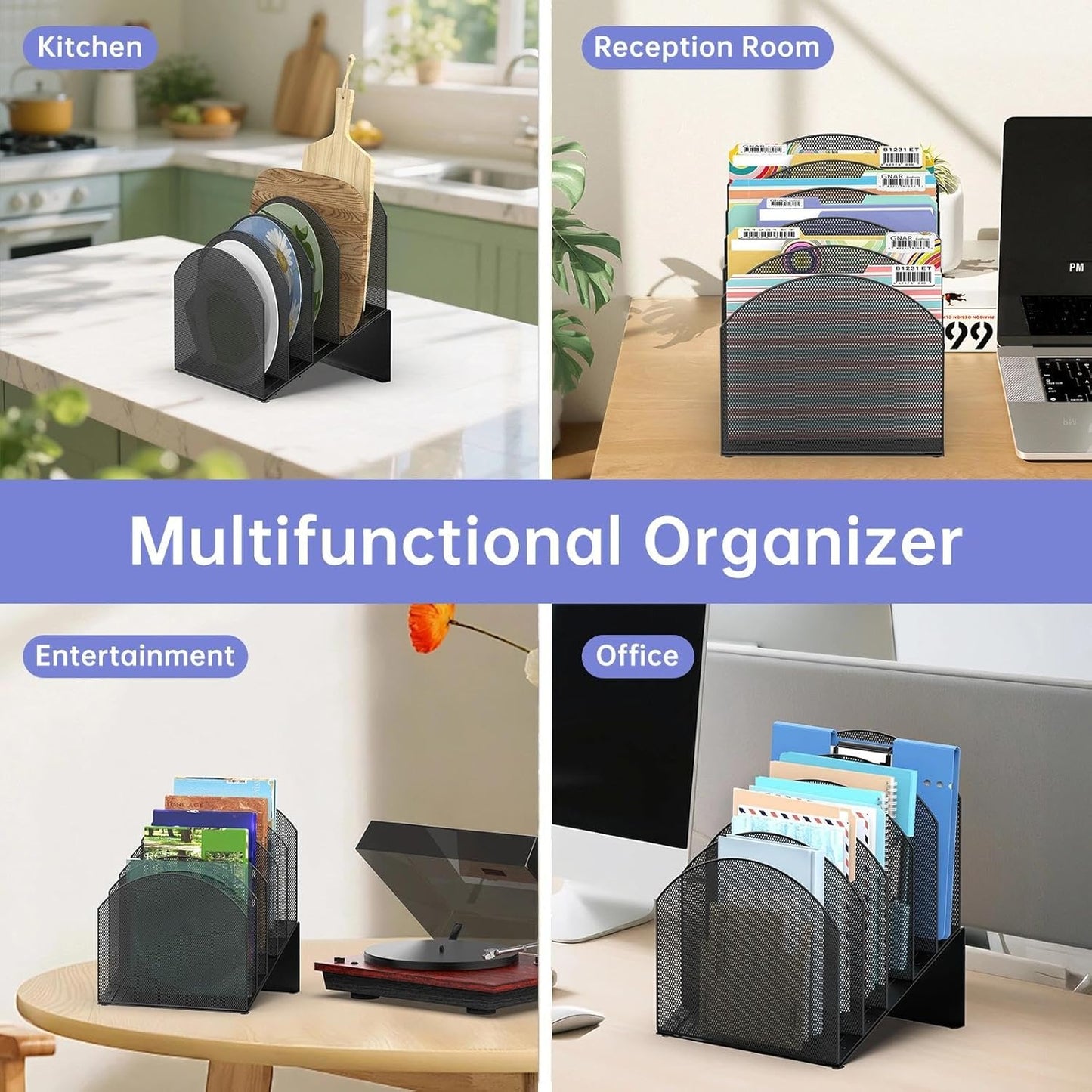 5-Tier Desk File Organizer, Vertical File Folder Organizer. Metal Mesh Mail Rack, Document & Record Holder and Storage for Home Office School, Black