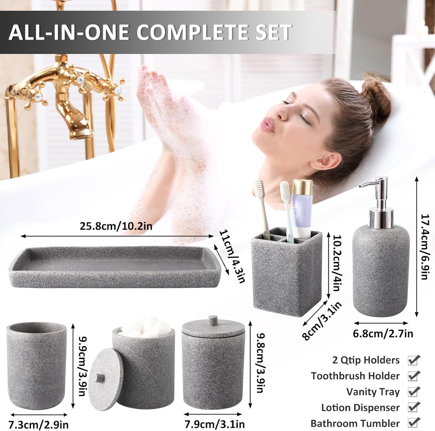 Resin 6 Pcs Gray Bathroom Set Complete with Toothbrush Holder, Lotion Soap Dispenser, 2 Qtip Holder Dispensers,Vanity Tray,Bathroom Tumbler - Countertop Vanity Organizer - Bathroom Accessories Set