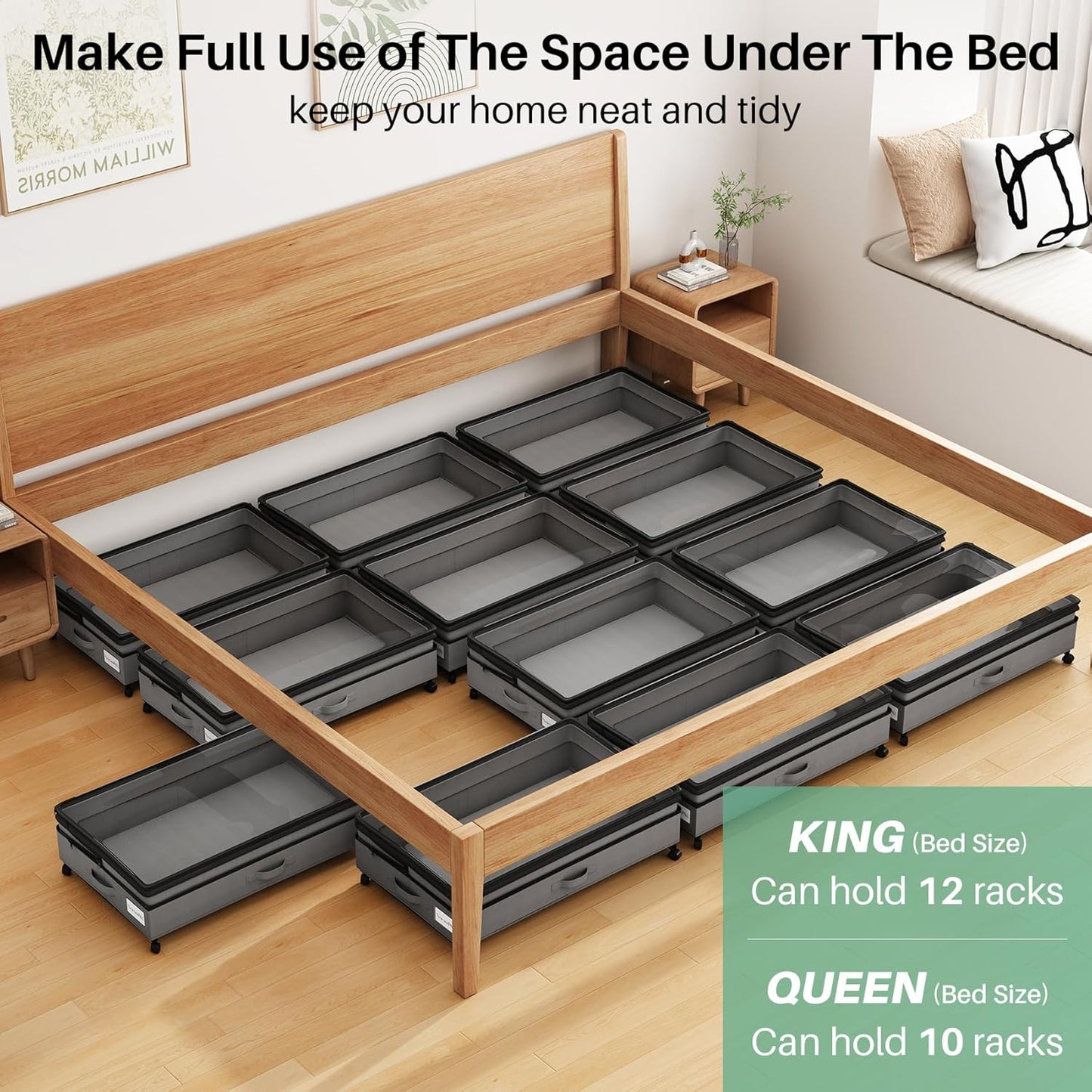 Kitstorack Under Bed Storage with Wheels 2Pack Height-adjustable Under Bed Storage Containers,Under Bed Shoe Storage Organizer with Clear Window&Label, Suitable for Clothes Storage, Gray