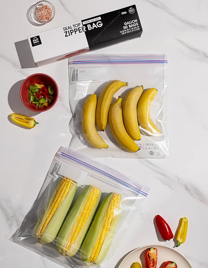 24/7 Bags- Gallon Zip Storage Bags, 200 Count, Double Zipper Seal, Easy Grip Open Tabs, Write-On Space, BPA-Free & Heavy Duty, Microwave Safe, Non-StandUp