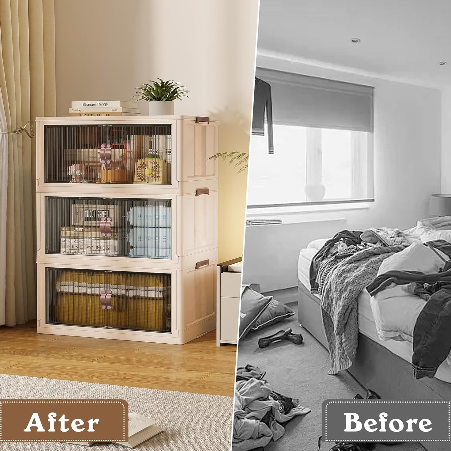 SAILUN 83Gal/335Qt Stackable Storage Bins Folding Collapsible Storage Bins with Lid, Closet Organizers and Storage, Beige 26" W x 17" D x 43.7" H