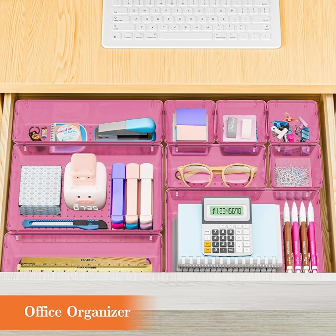 25 PCS Plastic Drawer Organizer Set, 4-Size Versatile Organizer Trays & storage Bins for Makeup, Jewelry, and Gadgets in Bathroom, Bedroom and Office, Clear Pink