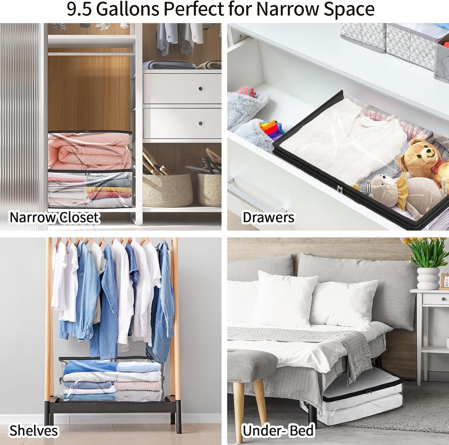 Fixwal 4pcs Clear Storage Bags for Clothes with Zipper, 35L/9.5Gal Small Plastic Closet Organizers for Blankets Sweaters Bed Sheets Comforters Toys