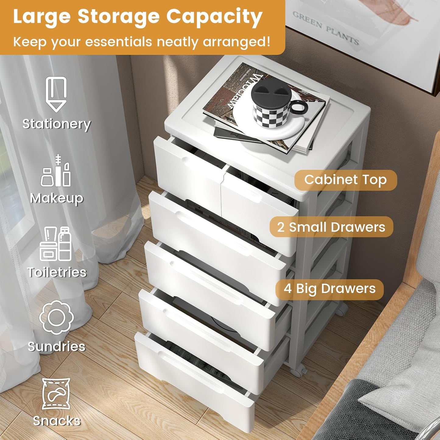 LOKO 6-Drawer Plastic Rolling Storage Cart, Mobile Storage Cabinet with 4 Universal Wheels, Vertical Storage Tower Container Unit for Living Room, Bedroom, Home Office, White (16”x13”x38” (6 Drawers))
