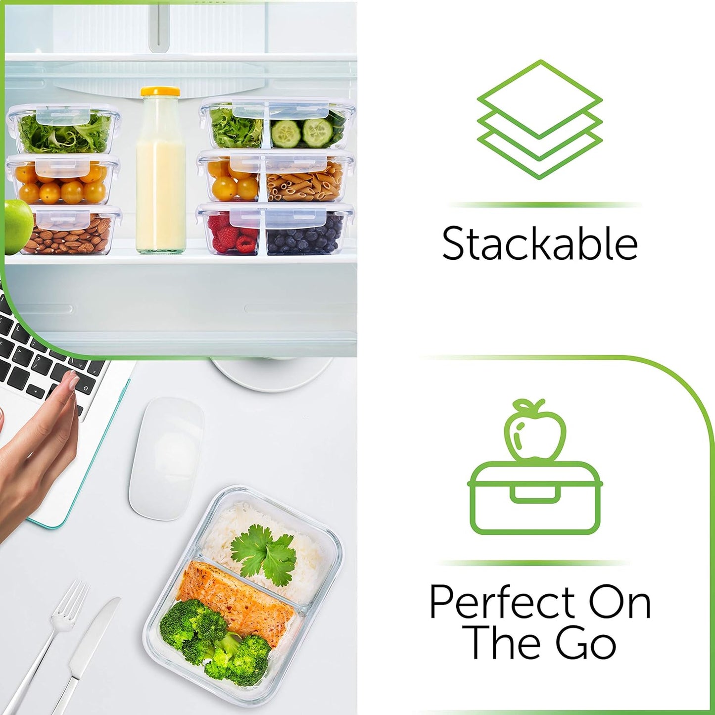 Prep Naturals 36oz Glass Meal Prep Containers - Airtight Glass Food Storage Containers with Lids - Dishwasher, Microwave & Oven Safe Meal Prep Bowls - Pack of 5, 36 Oz, 2-Compartment, Clear