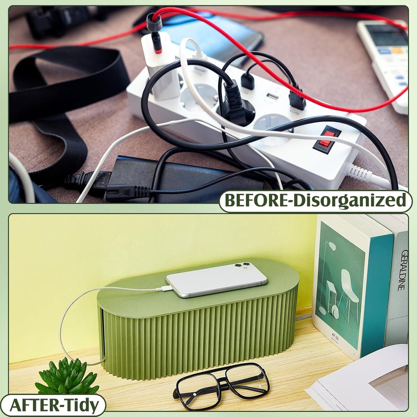 Marsui 2 Pcs Cable Management Box Cord Hider Organizer with 46 Pcs Cable Management Kit Wire Box for Power Strips Surge Protectors Desk TV Computer Wires Home Office(Grayish Green)